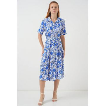 Rochie midi -  croiala in A - guler camasa - albastru - textil -