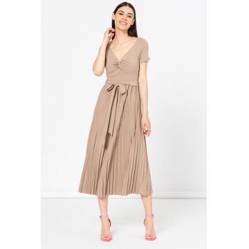 Rochie midi cu pliuri - Maro deschis