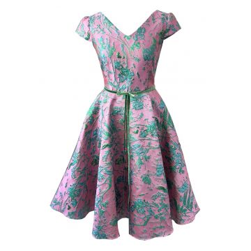 Rochie midi din brocart Carla - Turcoaz/Roz flamingo