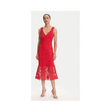 Rochie midi din dantelă cu decolteu în V și tiv evazat