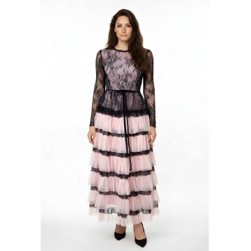Rochie midi din dantela si tul Celena - Negru/Roz prafuit