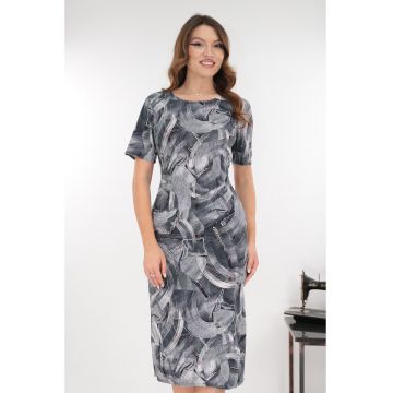 Rochie midi gri cu print abstract alb-rosu