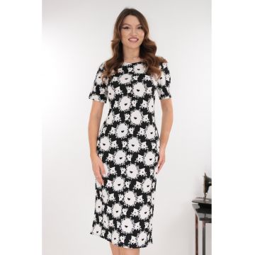 Rochie midi neagra cu print floral alb