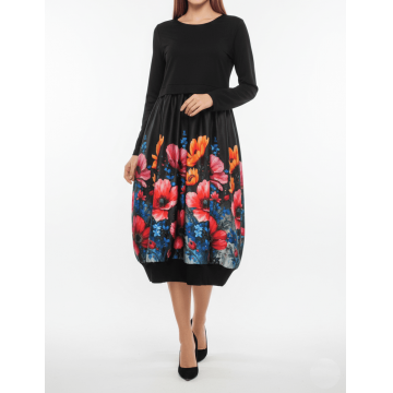 Rochie Midi Neagră Elegantă cu Imprimeu Floral, Croială Relaxată
