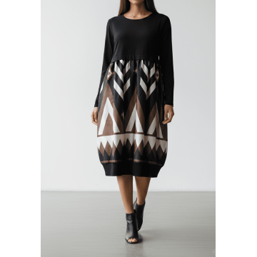 Rochie Midi Neagră Elegantă cu Imprimeu Geometric, Croială Relaxată