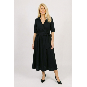 Rochie midi petrecuta cu cordon, din vascoza neagra