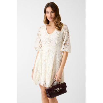 Rochie mini cu broderie si cordon in talie - Alb fildes