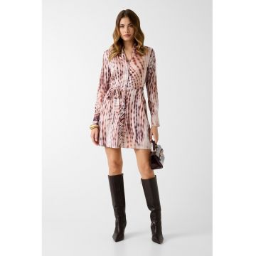 Rochie mini cu model si cordon in talie - Alb fildes/Maro deschis