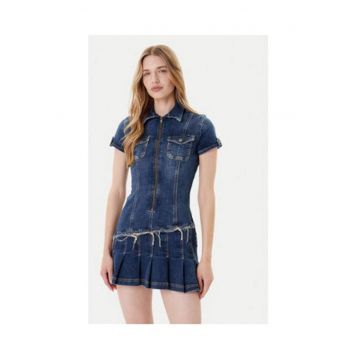 Rochie mini din denim cu pliuri și franjuri