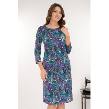 Rochie office albastra cu imprimeu abstract violet