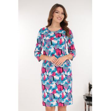 Rochie office albastra cu imprimeu geometric fucsia