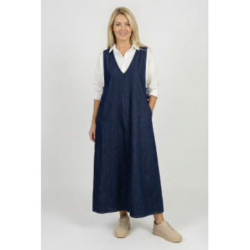 Rochie sarafan lunga, masura mare, cu decolteu in V din denim