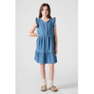 Rochie stratificata din denim si mansete cu volane Flutter - Denim Blue