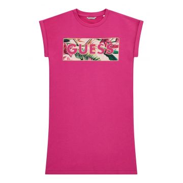 Rochie-tricou cu maneci rulate - Fucsia/Verde englez/Bej deschis