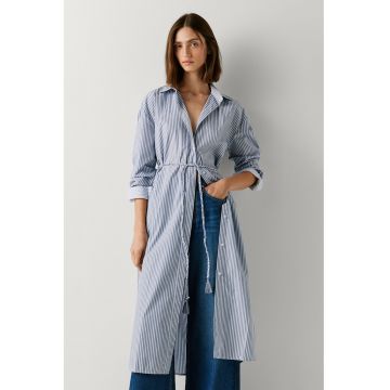 Rochie-camasa cu inchidere cu cordon si dungi - Alb/Albastru