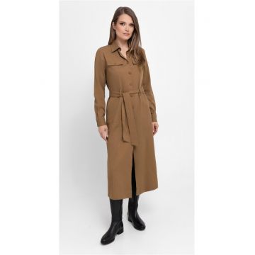 Rochie-camasa maxi cu maneci lungi  G-Villa - cu cordon - nasturi - camel - Maro/Maro camel