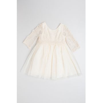 Rochie cu broderii florale si maneca lunga - Alb fildes