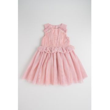 Rochie cu croiala baby-doll si volane - Roz stins