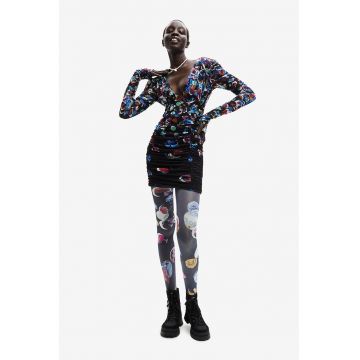 Rochie cu decolteu adanc in V si model drapat - Negru/Violet/Albastru