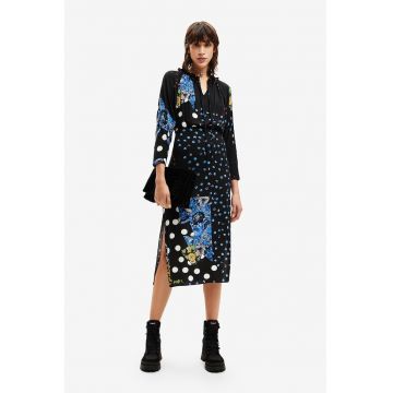 Rochie cu imprimeu si slituri laterale - Negru/Albastru