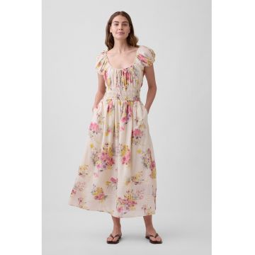 Rochie cu maneci scurte si imprimeu floral - Roz pastel/Galben sofran/Bej deschis