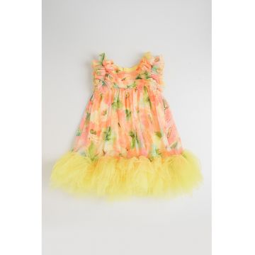 Rochie cu model floral si cordon in talie - Galben/Portocaliu pepene