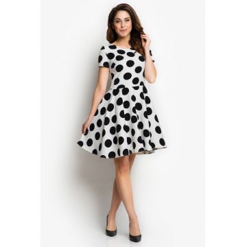 Rochie dama -  evazata - alb/negru - poliester-elastan -