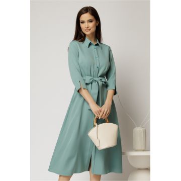 Rochie de zi midi turcoaz tip camasa cu cordon in talie