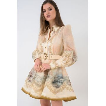 Rochie din amestec de matase cu buzunare laterale - Verde/Bej