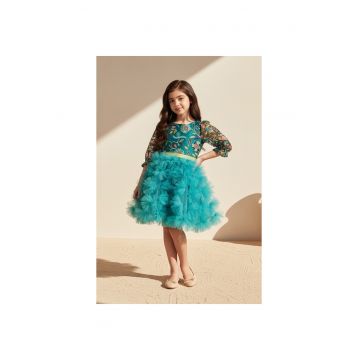 Rochie din brocard si tul - Turcoaz