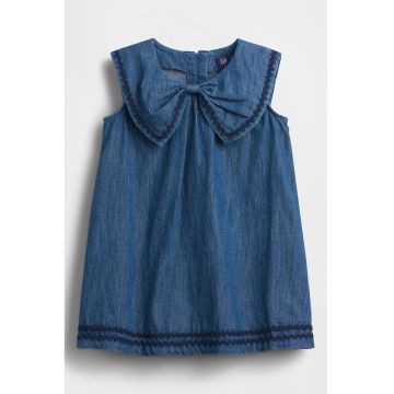 Rochie din material chambray cu detaliu funda - Albastru paun