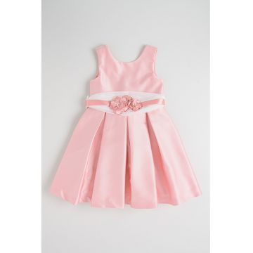 Rochie din satin cu croiala baby-doll si cordon in talie - Alb/Roz deschis