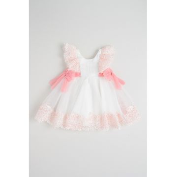 Rochie din tul cu detalii din dantela - Alb/Roz pastel