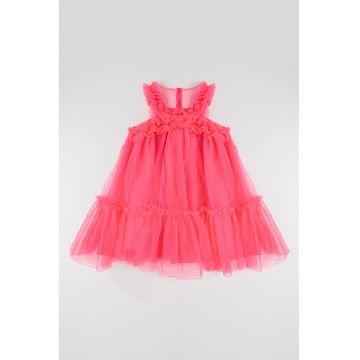 Rochie din tul cu volane - Roz zmeuriu