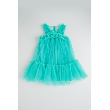 Rochie din tul cu volane - Verde aquamarin