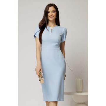 Rochie DY Fashion bleu conica cu maneci scurte lalea si accesoriu la decolteu
