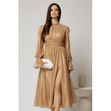 Rochie DY Fashion de ocazie aurie din tull cu guler incretit