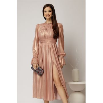 Rochie DY Fashion de ocazie roz sidefat din tull cu guler incretit