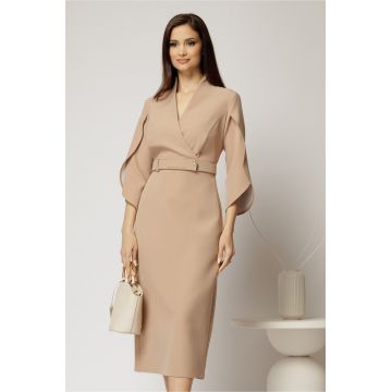 Rochie DY Fashion midi bej conica cu decolteu petrecut si maneci lalea