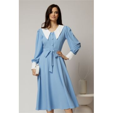 Rochie DY Fashion midi bleu cu guler si mansete in contrast