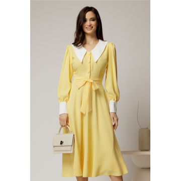 Rochie DY Fashion midi galbena cu guler si mansete in contrast