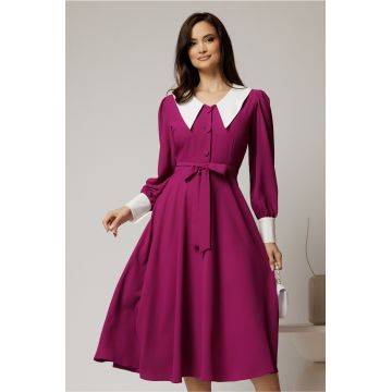 Rochie DY Fashion midi magenta cu guler si mansete in contrast
