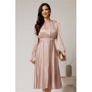 Rochie DY Fashion midi roz din voal satinat in clos cu perle in talie