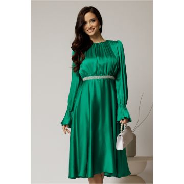 Rochie DY Fashion midi verde crud din voal satinat in clos cu perle in talie