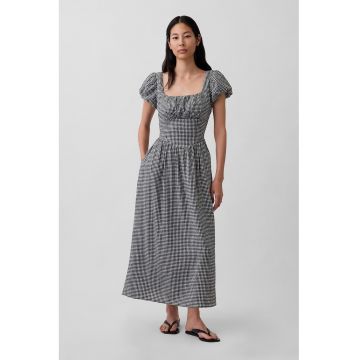 Rochie Empire din amestec de in cu decolteu patrat - Alb/Negru