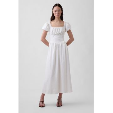 Rochie Empire din amestec de in cu decolteu patrat - Alb