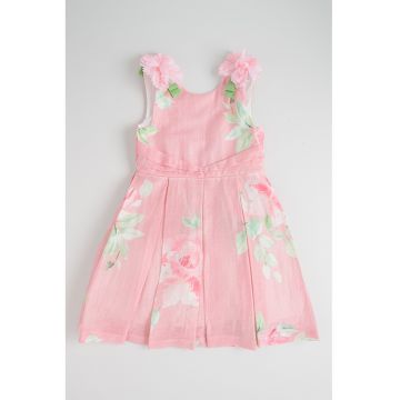 Rochie evazata cu aplicatii cu flori 3D - Roz deschis/Verde deschis