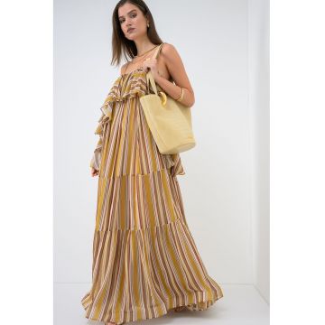 Rochie evazata cu model stratificat si model in dungi - Rosu/Kaki