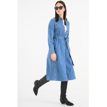 Rochie evazata de denim cu buzunare laterale - Albastru melange