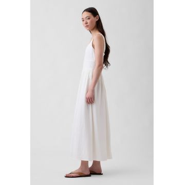 Rochie evazata din amestec de in cu buzunare - Alb